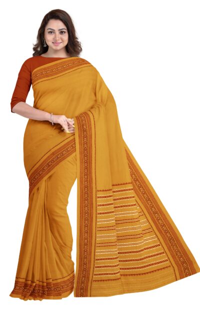 Mustered Yellow sleek red border Begumpuri Printed saree