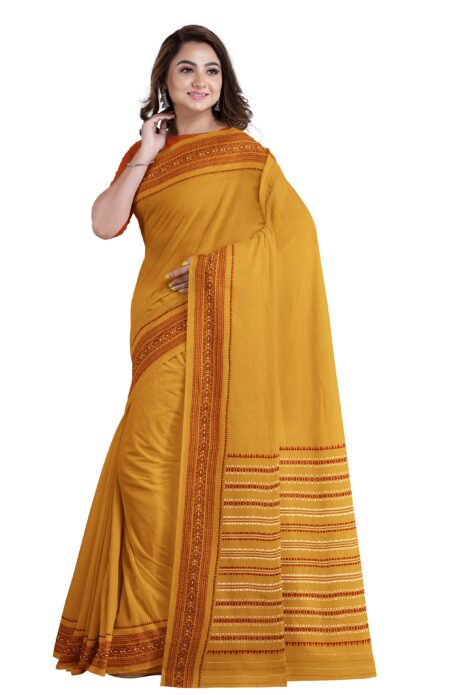 Mustered Yellow sleek red border Begumpuri Printed saree