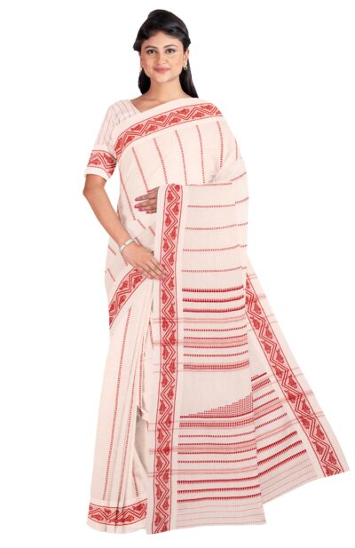 white and red Begumpuri Cotton Saree