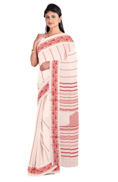 white and red Begumpuri Cotton Saree with blouse