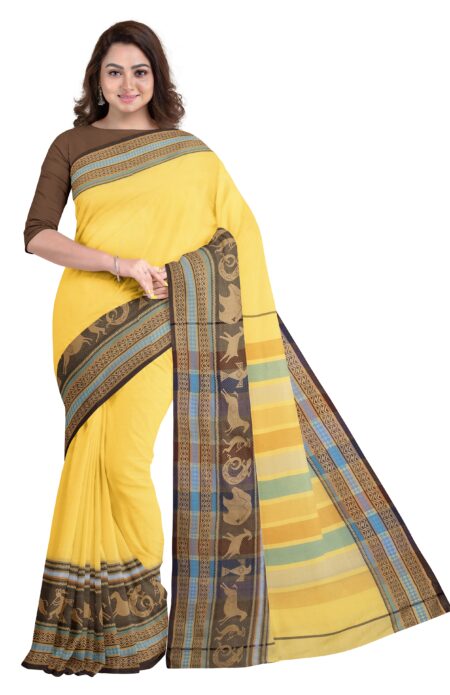 Santipuri Yellow Cotton Saree with Thick Par