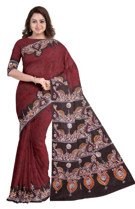 Red & Black Batik Cotton Saree with Batik Blouse