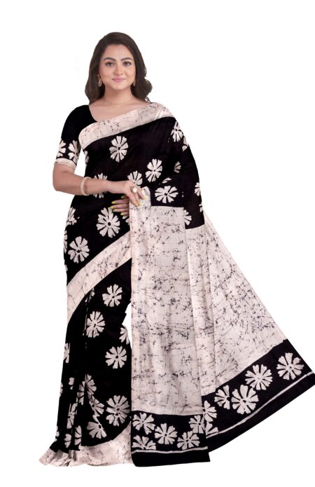 Black And White Batik Silk Saree