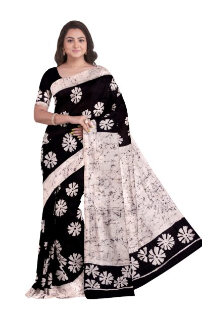 Black And White Batik Silk Saree with flower motive