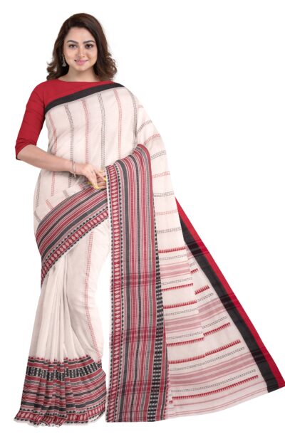 white, black and red Handwoven Dhaniakhali Cotton Saree