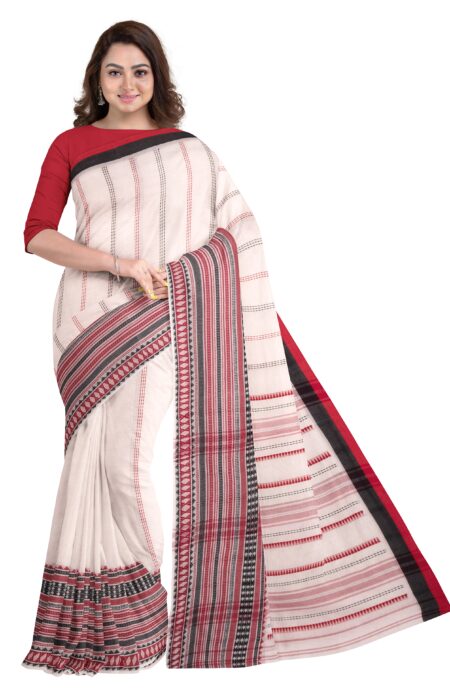 white, black and red Handwoven Dhaniakhali Cotton Saree